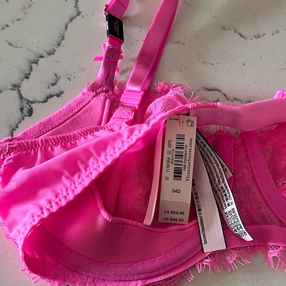Victoria’s Sceret Dream Angels Wicked Unlined Lace Bra Hot Pink Size 34D NWT - Picture 3 of 4